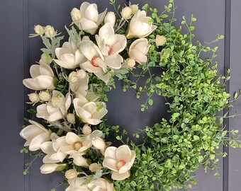 Spring Wreath, White Magnolia Wreath, Real Touch Magnolia Wreath, White Wedding Wreath, Door Wreath