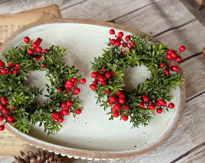 Set Christmas Candle Wreath, Mini Boxwood Berry Wreath, Boxwood Berry Candle Wreath, Christmas Decor, Kitchen Cabinet Wreath, Christmas Gift