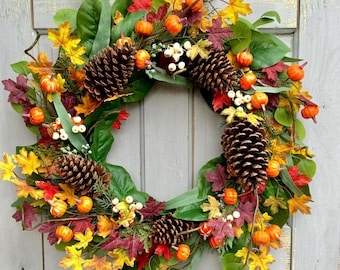 24” XL Fall Pumpkin Door Wreath, Fall Wreath for Front Door, Thanksgiving Harvest Decor, Cottagecore