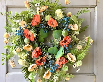 22” Summer Wreath for Front Door, Summer Wreaths, Wildflower Wreath, Porch Decor, Pink Poppy Flower Wreath, Spring Front Door Wreath