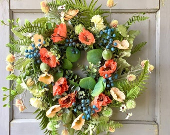 Summer Wreath for Front Door, Summer Wreaths, Wildflower Wreath, Porch Decor, Pink Poppy Flower Wreath, Greenery Accent