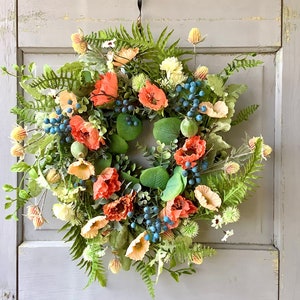 22” Summer Wreath for Front Door, Summer Wreaths, Wildflower Wreath, Porch Decor, Pink Poppy Flower Wreath, Spring Front Door Wreath