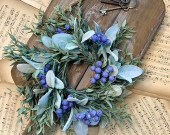 BEST SELLER, Blueberry and Lambs Ear Wreath, Spring Pillar Candle Wreath, Summer Wreath, Accent Decor, Blue Wedding Decorations, Gift, TLBB