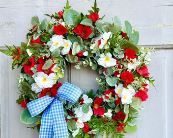 Summer Farmhouse Wreath, Red, White Blue Flower Wreath, Patriotic Wreath for Front Door, Everyday Wreath, Independence Day Decor