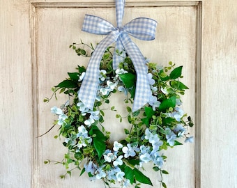 Blue Hydrangea Kitchen Wreath, Blue Farmhouse Candle Wreath, Window Wreath, Kitchen Cabinets