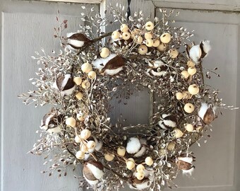 Beige Candle Wreath Ring, Cotton Farmhouse Decor, Kitchen Cabinet Wreath, Neutral Thanksgiving Decorations, Fall Luna Greenery Wreath