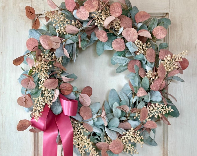 Pink Valentines Day Wreath, Pink Lambs Ear Wreath, Easter Wreath, Spring Wreath, Mothers Day Gift, Summer Wreaths, Front Door, Porch Decor