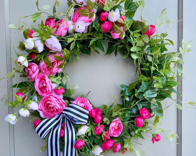 Pink Door Wreath, Pink Rose Wreath, Mothers Day Wreath, Floral Wreath, Summer Wreath, Spring Door Wreath