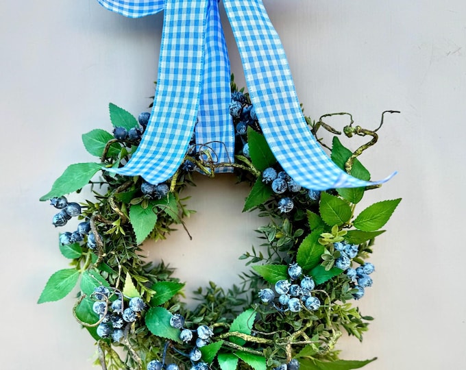 Blueberry and Boxwood Wreath, Farmhouse Berry Boxwood Wreath, Spring Summer Decor, Kitchen Cabinets, Camper Decor, Blue Kitchen, Blue Wreath
