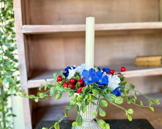 Set Red White Blue Taper Candle Wreaths, Patriotic Decor, Fourth of July Taper Rings,