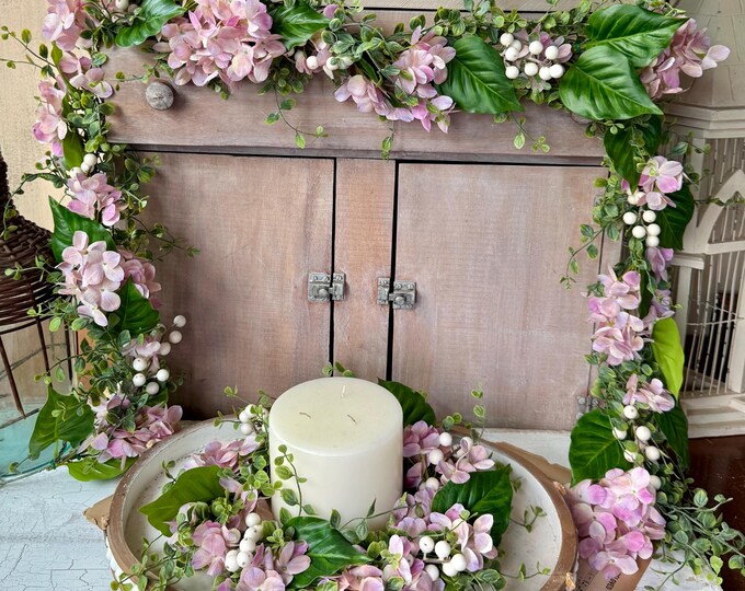 Pink Hydrangea Wreath and Garland Set, Mothers Day Gift Idea, Farmhouse Kitchen Window Decor, Spring Floral Centerpieces