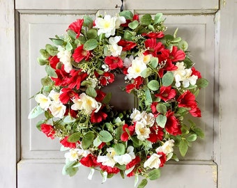 Summer Farmhouse Wreath, Red and White Flower Wreath, Summer Wildflower Wreath for Front Door, Red Door Decor, Everyday Wreath,