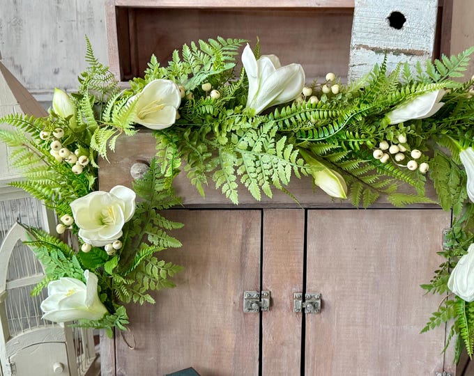 Fern Garland, White Easter Lily Garland, Summer Garland, Spring Garland, Greenery Garland, Wedding Garland
