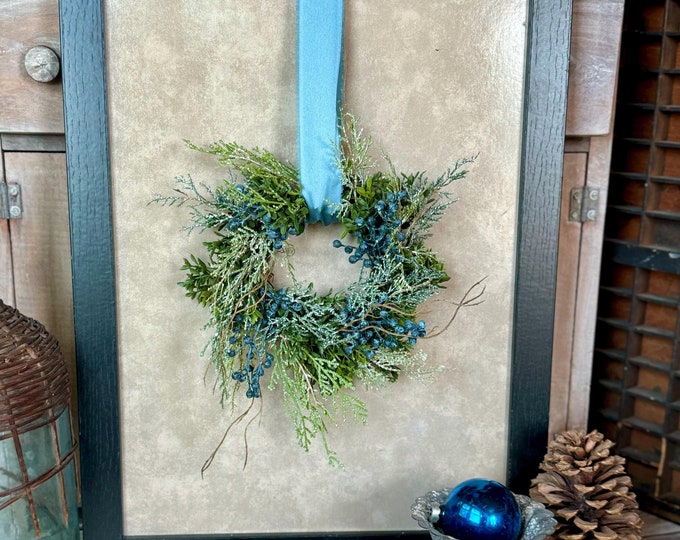 Blue Juniper Kitchen Cabinet Wreath, Blue Winter Candle Wreath, Blue Christmas Decor, Handmade Gift, Table Decorations,