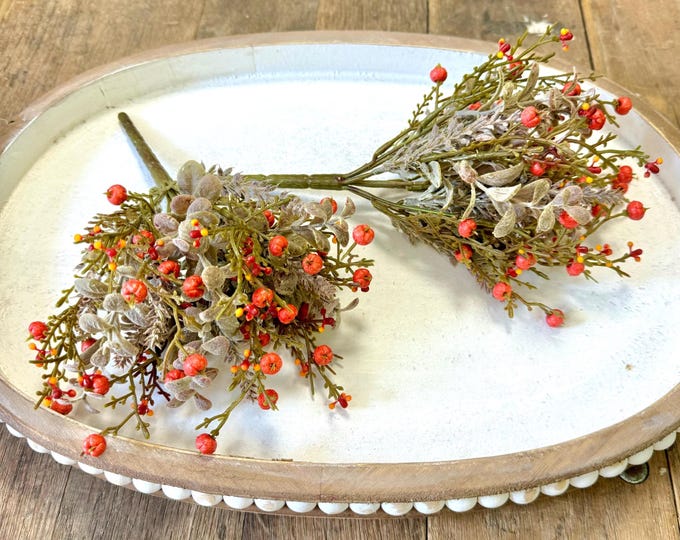 Fall Pumpkin Berry Bush Set: Flocked Eucalyptus Greenery, Autumn Decor