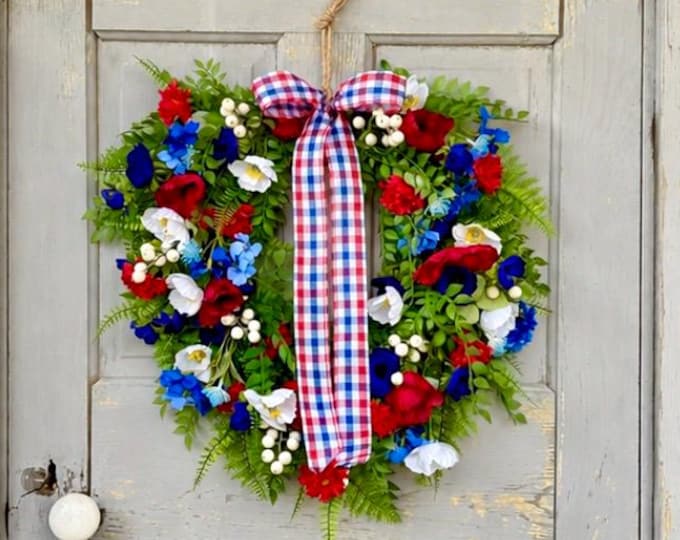 Patriotic Floral Wreath: Red White Blue Cosmos Anemone Door Decor