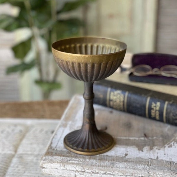 Antiqued Brass Urn Pedestal | Rustic Metal Urn | Vintage Challis Cup | Rustic Metal Compote | Farmhouse Compote Decor | French Decor