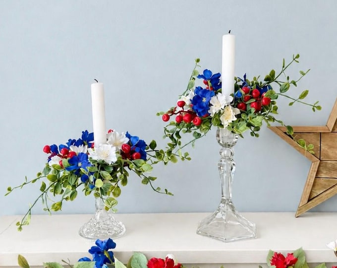 Set Red White Blue Taper Candle Wreaths, Patriotic Decor, Fourth of July Taper Rings,