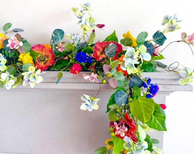 Wildflower Garland, Spring Meadow Flowers, Wedding Porch Decor, Artificial Greenery Arrangement