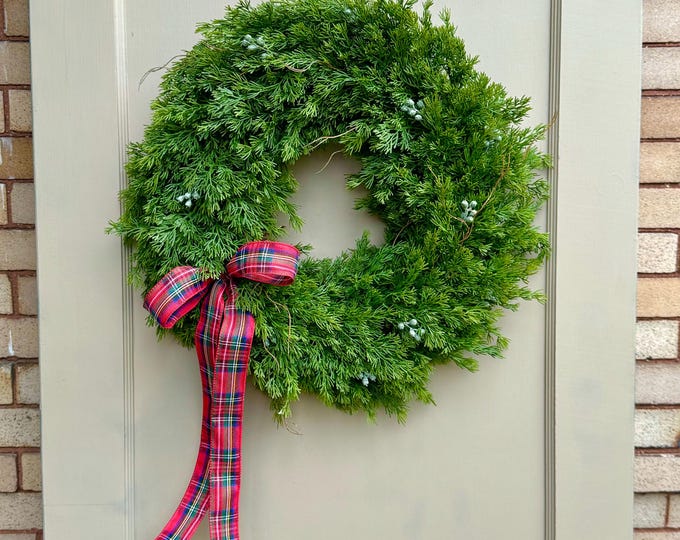 20” Cedar Red Berry Christmas Wreath, Real Touch Cedar Door Wreath, Luxe Christmas Wreath, Pine Cedar Juniper