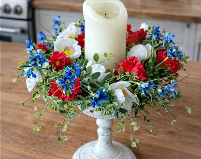 Patriotic Candle Ring Wreath, Red White Blue Floral Centerpiece, Independence Day Decor