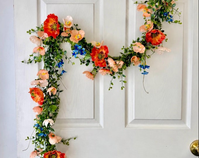 Orange Poppy Garland, Summer Floral Table Centerpiece, Farmhouse Summer Decor, Wildflower Arrangement