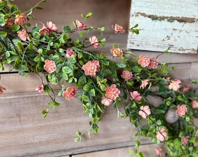 Pink Floral Vine Garland, Spring and Summer Faux Flower Garland, Fireplace Decor, Peachy Pink Mantle Garland Decor, Mothers Day Gift