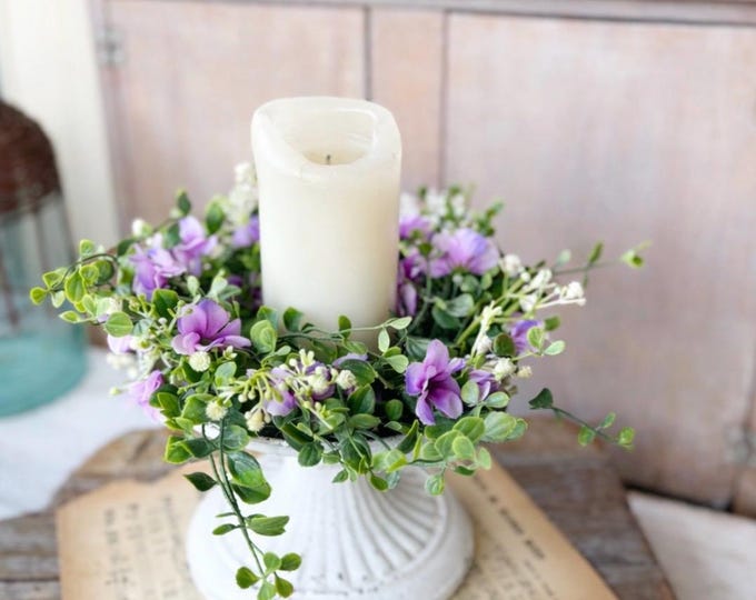 Purple Floral Candle Wreath, Window Wreath, Kitchen Cabinets Wreath, Purple Hydrangea Decor,  Spring Wreath Ring, Summer Candle Wreath