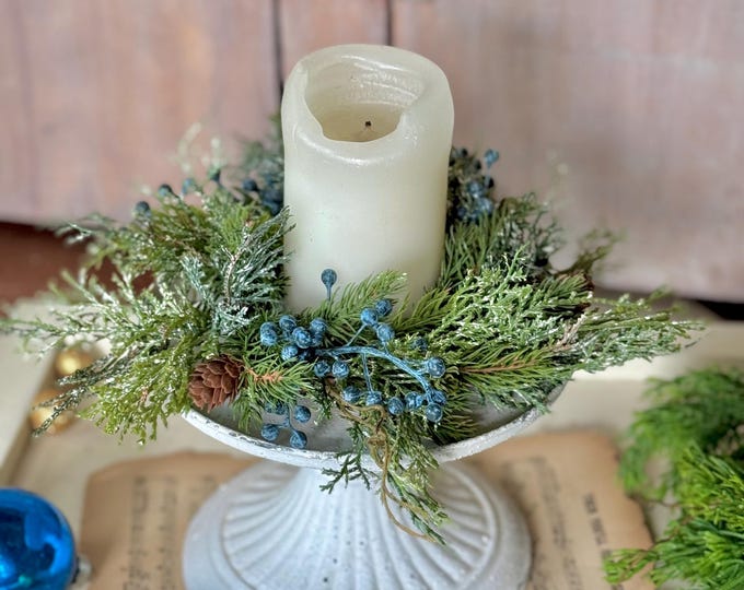 Blue Juniper Winter Candle Wreath, Blue Candle Wreath, Blue Winter Decor, Table Decorations, Kitchen Cabinet Wreath