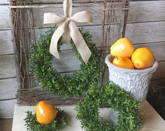 Boxwood Wreath, Boxwood Candle Wreath, Mini Wreath, Farmhouse Wreath, Window Wreath, kitchen Cabinet Decor,