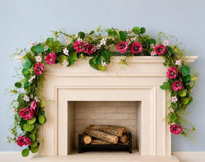 Magenta Poppy Garland, Eucalyptus & Fern, Summer Decor, Table Centerpiece