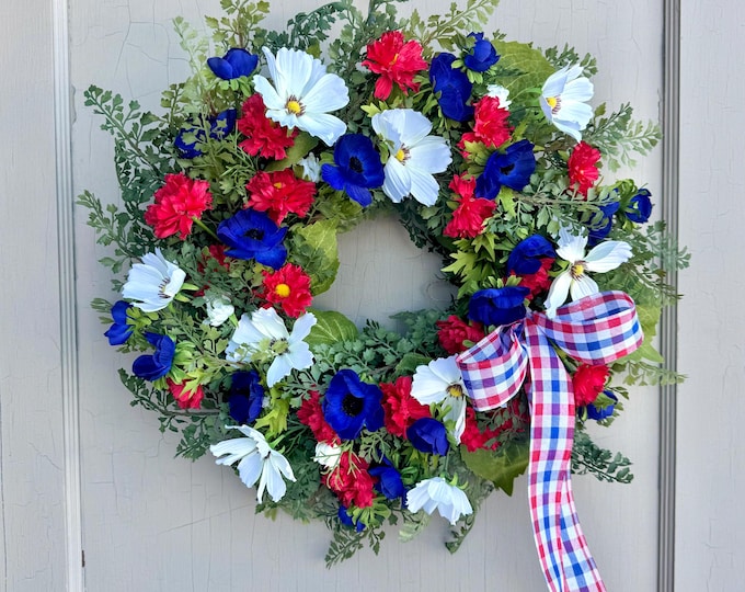 Patriotic Floral Wreath: Red, White, Blue Wreath, Forth of July Wreath, Americana Decor, Independence Day Door Wreath