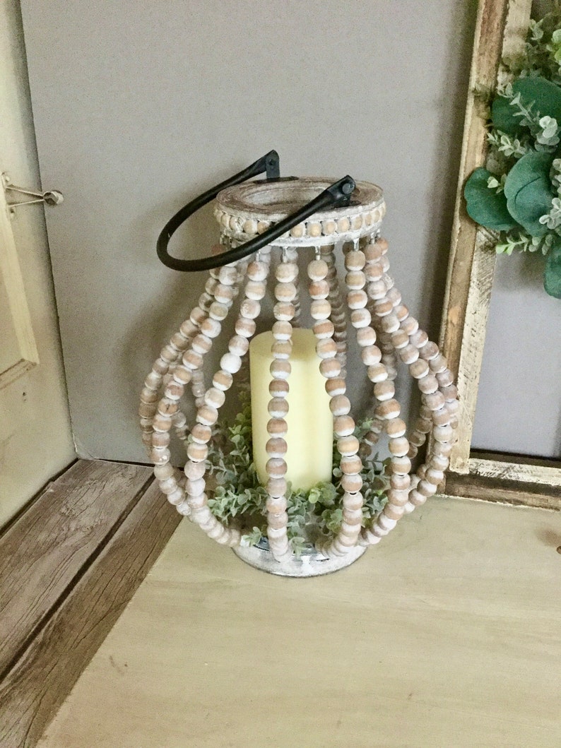 White Wooden Beaded Lantern Farmhouse Beaded Lantern Etsy