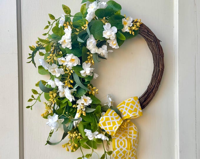 White Yellow Cherry Blossom Wreath, Yellow Summer Wreath for Door, Yellow Easter Wreath, White Yellow Mothers Day Wreath