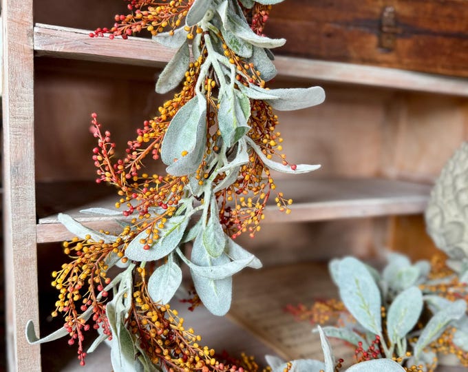Fall Berry Garland, Fall Lambs Ear Garland for Mantle, Farmhouse Harvest Decor, Fireplace Decor, Accent Decor, Fall Garland