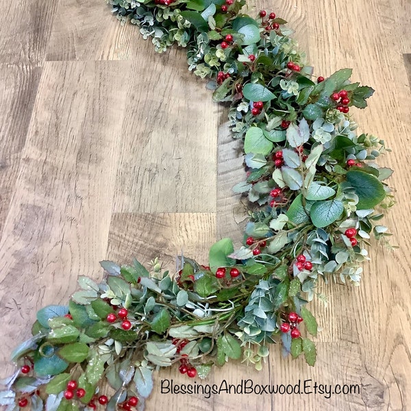 Christmas Garland, Eucalyptus Holly Berry Garland, Kitchen Cabinets Decor, Christmas Table Decor, Fireplace Mantle Garland