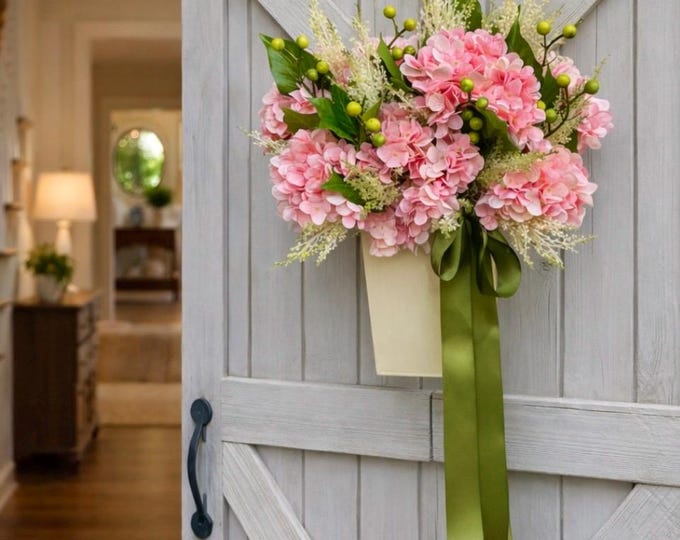 Pink Hydrangea Wreath Bucket, Mothers Day Wreath, Peach Summer Wreath, Front Door Wreath, Hydrangea Decor