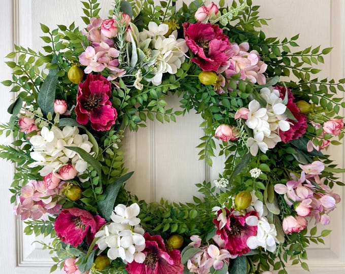 Spring Hydrangea Wreath – Pink White Floral Door Wreath, Mothers Day Gift, Front Door Decor, Summer Garden Wreath, Farmhouse Cottage Style