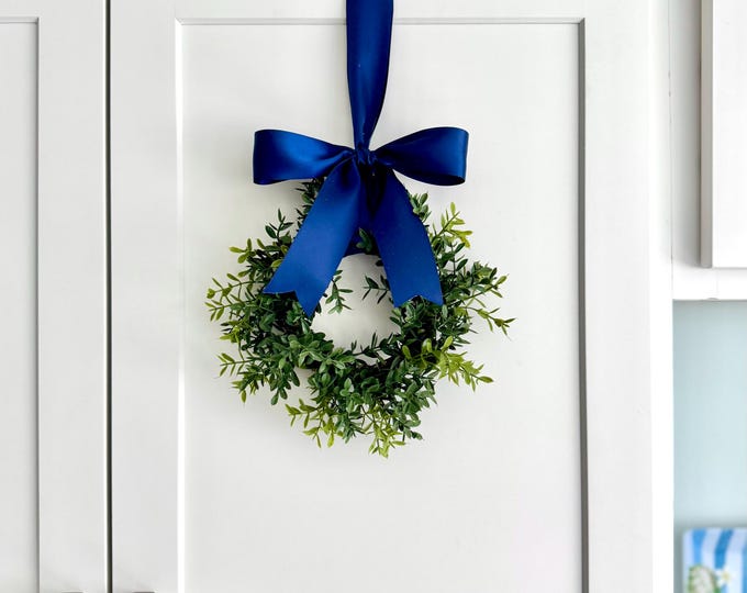 Artificial Boxwood Wreath with Blue Bow, Farmhouse Kitchen Decor (7-8 inch).