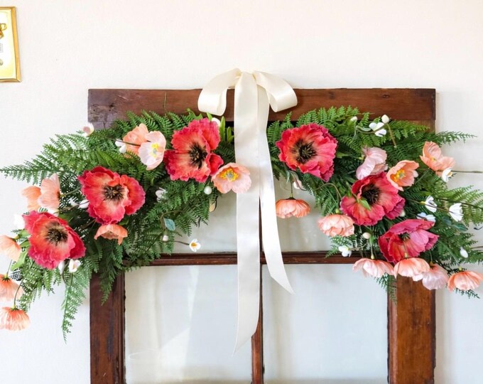 Peach Poppy Swag, Spring Swag Wreath, Spring Wreath, Mothers Day, Summer Fern Swag, Pink Easter Wreath, Picture Swag