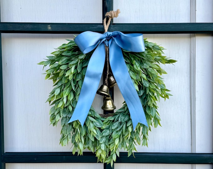 Blue Winter Wreath with Bells, French Door Wreath, Kitchen Cabinet Christmas Wreath, Year Round Wreath, Apartment Door, Nursing Home