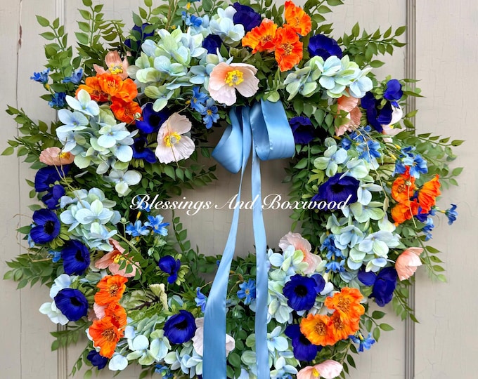 NEW! Blue Hydrangea Wreath, Summer Wreath for Front Door, Blue Door Wreath, Poppy Wreath, Mothers Day Wreath