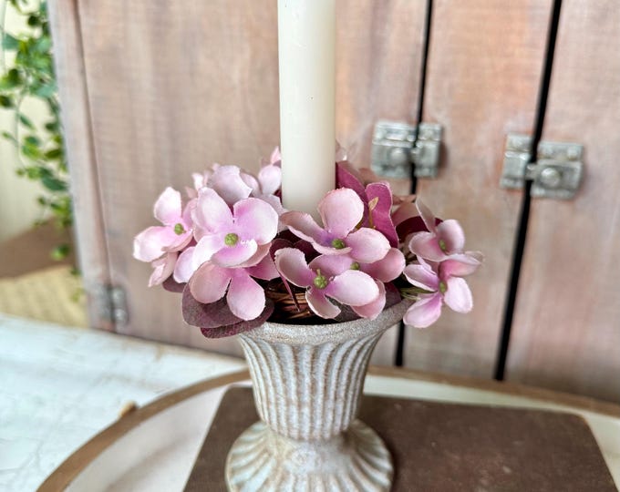 Set of 2 Spring Floral Taper Candle Wreaths, Pink Spring Candle Wreath, Candelabra Taper Rings