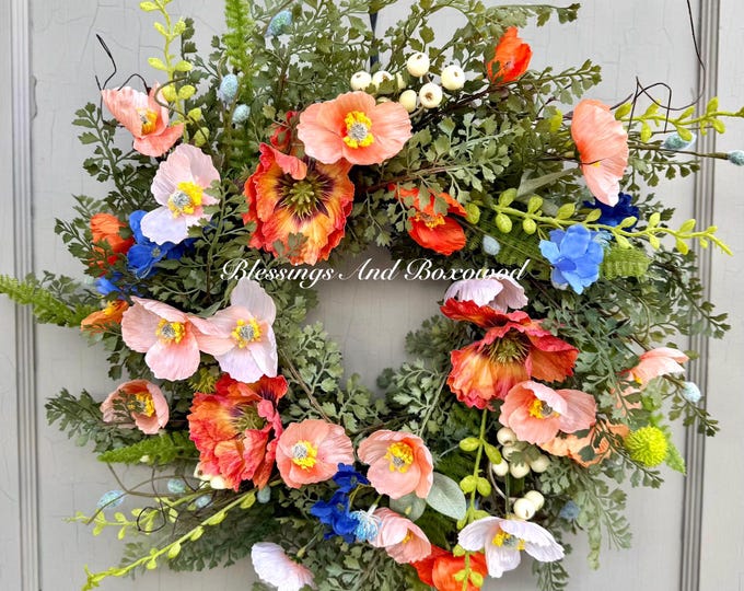 NEW! Vibrant Spring Wreath, Easter Wreath, Summer Wreath for Front Door, Peach Poppy Wreath, Orange Poppy Wreath, Mothers Day Wreath