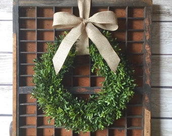Artificial Boxwood Wreath, Boxwood Wreath with Bow, Window Wreath, Kitchen Cabinet Wreath, Winter Decor, Year Round Wreath, Greenery Wreath