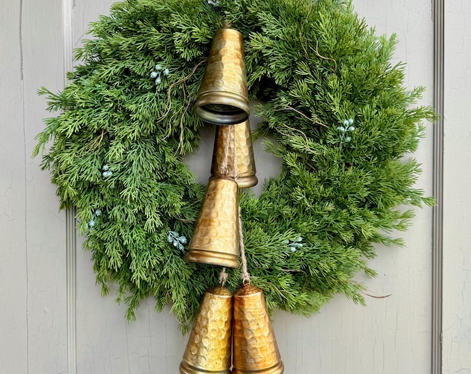 20” Cedar Christmas Wreath with Bells, Real Touch Cedar Door Wreath, Pine Cedar Juniper, Hanging Bells Wreath