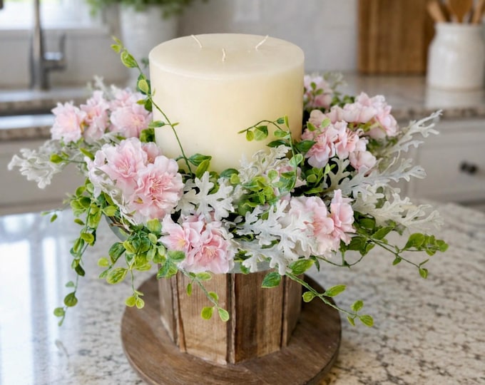 Handmade Cherry Blossom Candle Wreath, Spring Decor, Romantic Floral Arrangement