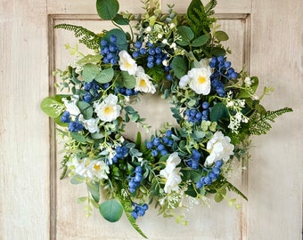 BEST SELLER - Summer Wreath for a Front Door, Blueberry Wreath, Porch Wreath, Farmhouse Decorations, Wildflower Wedding Decor