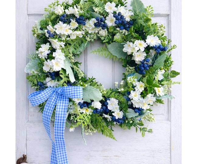 Summer Farmhouse Blueberry Wreath, Blue Gingham Bow, Front Door Decor