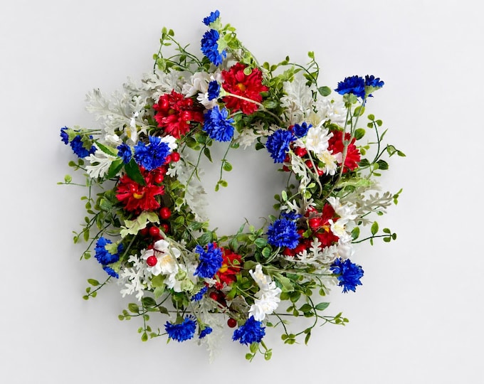 Patriotic Candle Ring Wreath, Red White Blue Floral Centerpiece, Independence Day Decor
